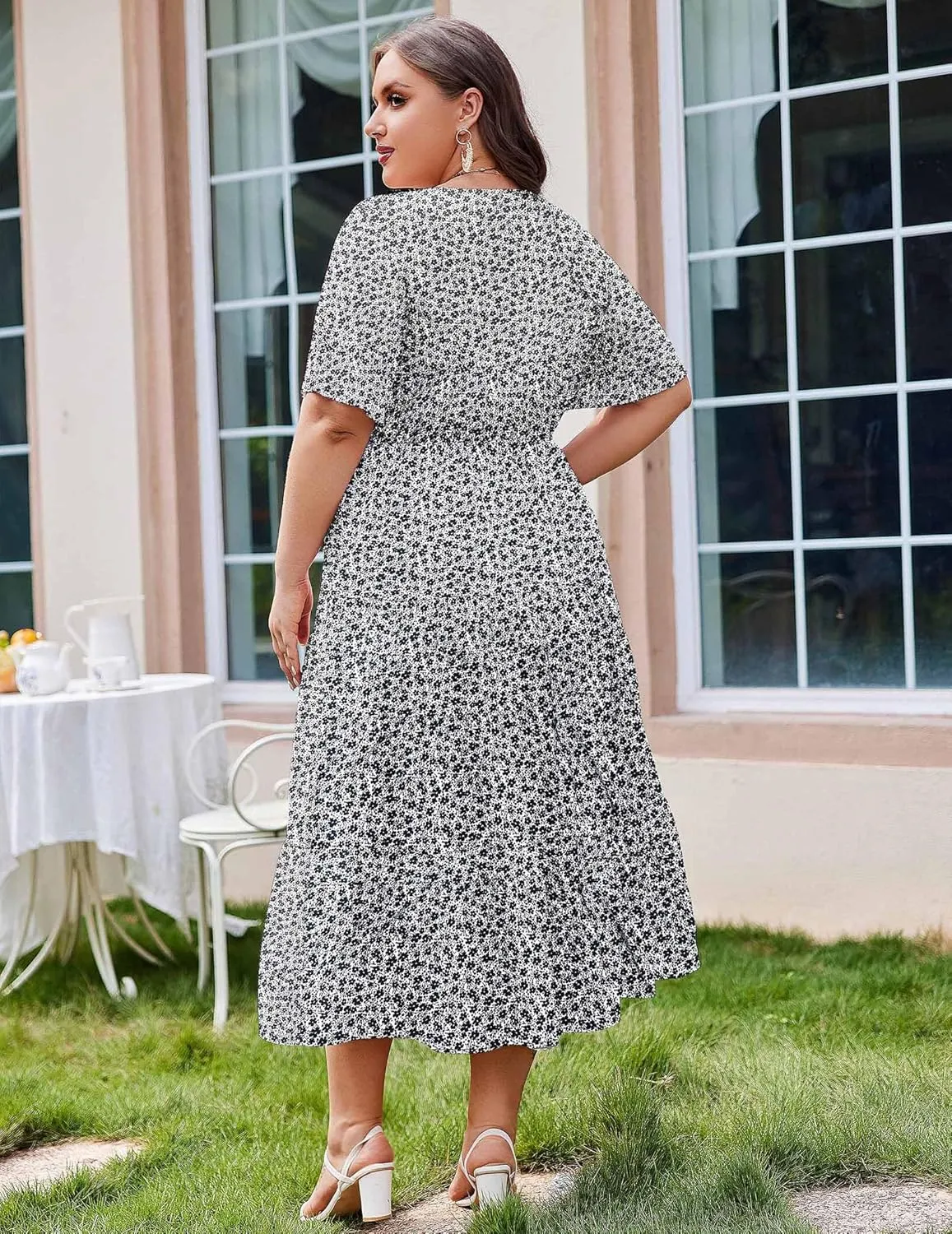 IN'VOLAND Plus Size Short Sleeve Dress for Women Summer Casual V Neck Floral Maxi Dresses with Pockets