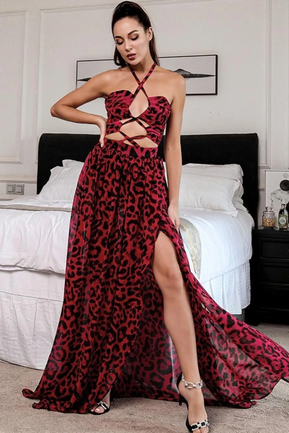 Jennifer Red Leopard Print Cut Out Maxi Dress