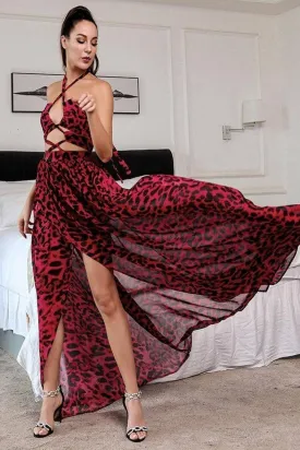Jennifer Red Leopard Print Cut Out Maxi Dress