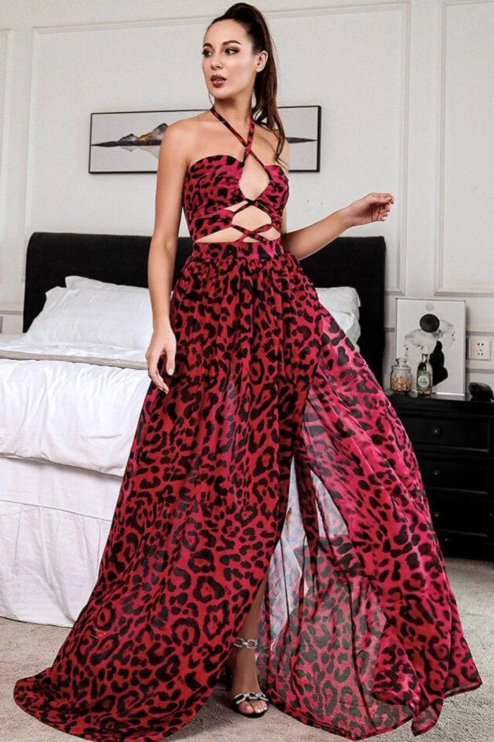 Jennifer Red Leopard Print Cut Out Maxi Dress