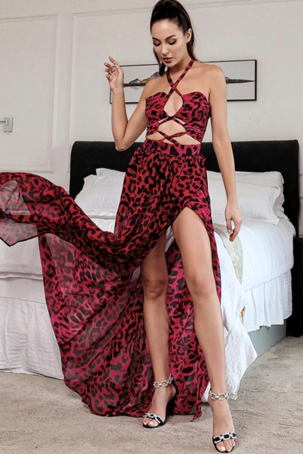 Jennifer Red Leopard Print Cut Out Maxi Dress