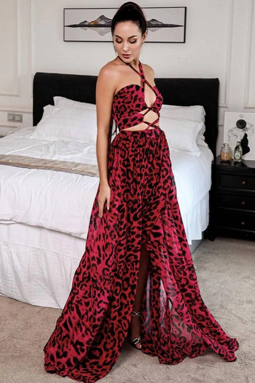 Jennifer Red Leopard Print Cut Out Maxi Dress