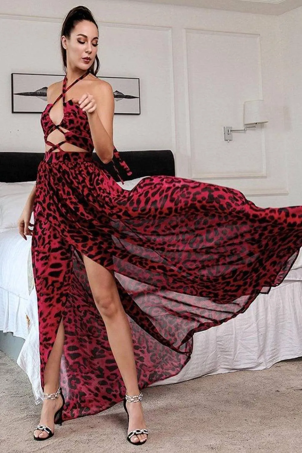 Jennifer Red Leopard Print Cut Out Maxi Dress
