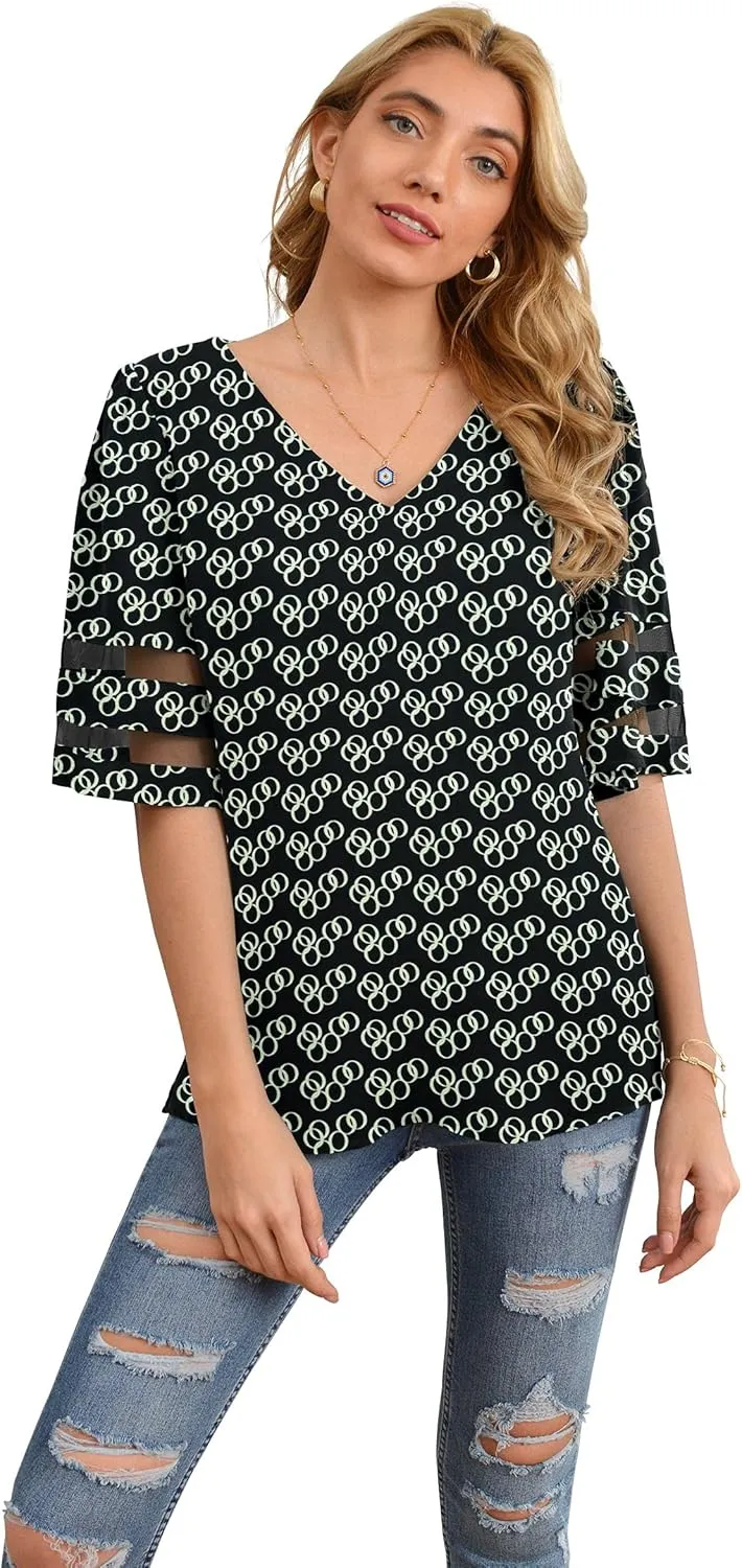 Jouica Women's V Neck Chiffon Blouse Mesh Panel Blouse 3/4 Bell Sleeve Loose Top Shirt
