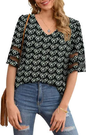 Jouica Women's V Neck Chiffon Blouse Mesh Panel Blouse 3/4 Bell Sleeve Loose Top Shirt