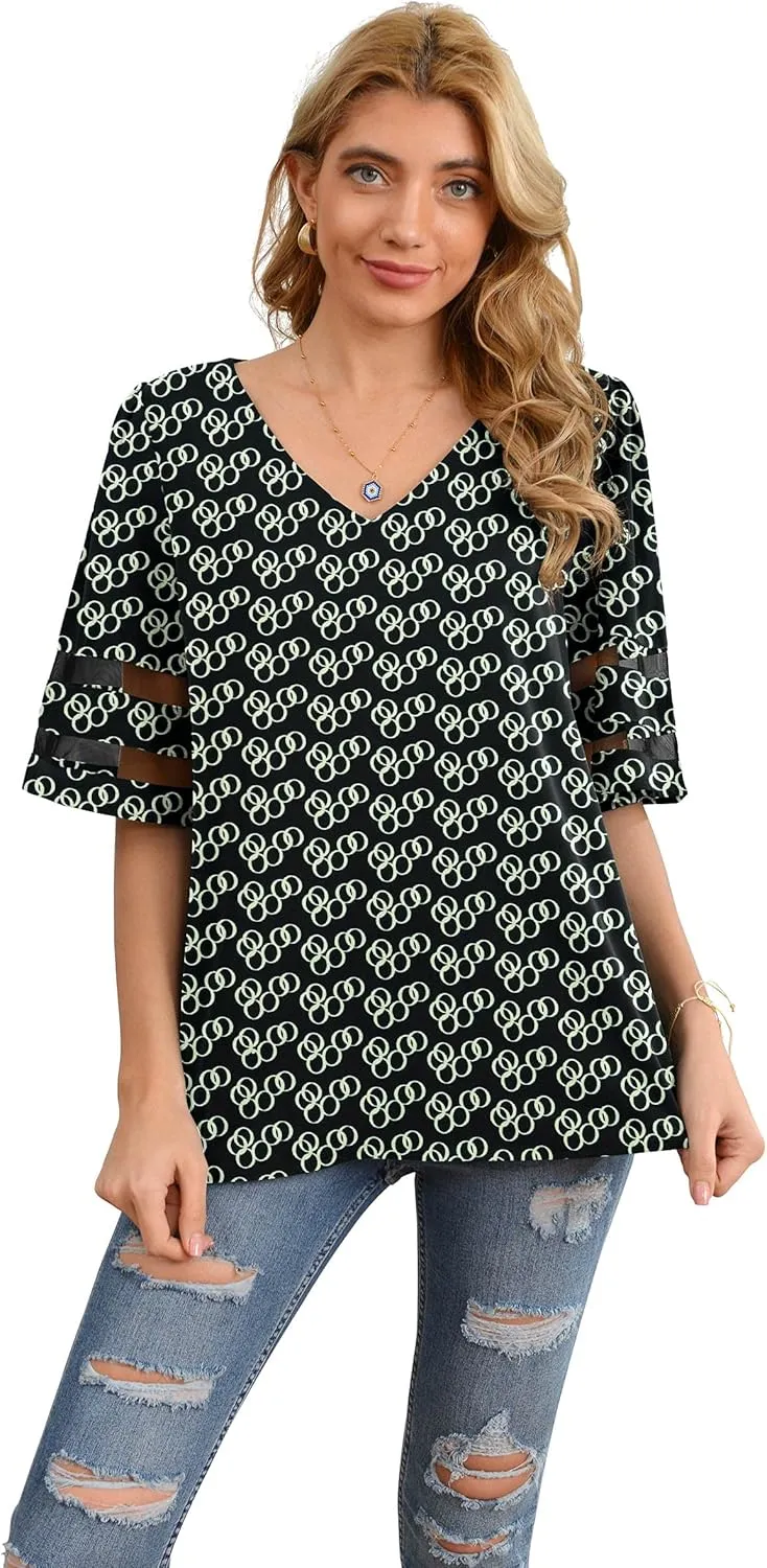 Jouica Women's V Neck Chiffon Blouse Mesh Panel Blouse 3/4 Bell Sleeve Loose Top Shirt