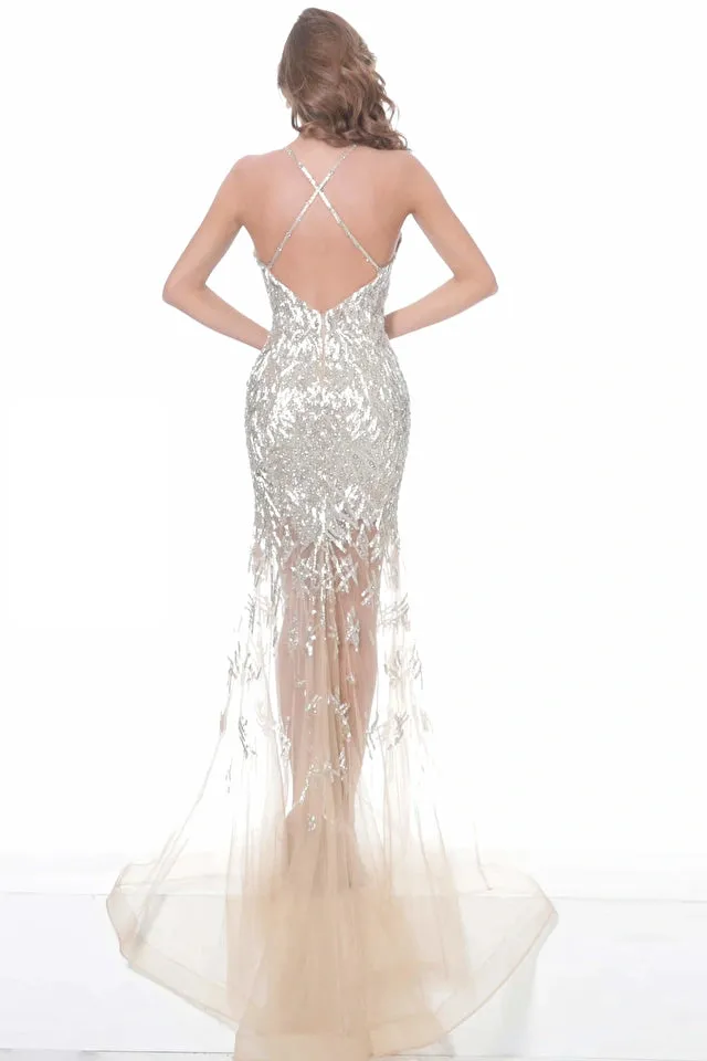 Jovani - 03911 - Nude Beaded Low V Neck Prom Dress
