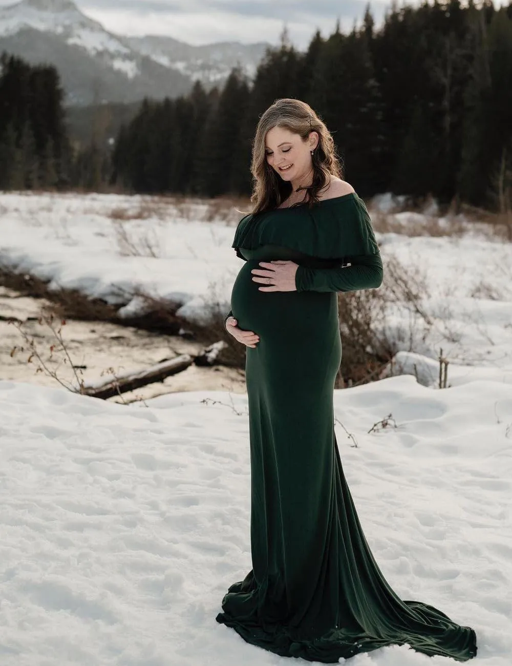 JustVH Maternity Fitted Elegant Gown Long Sleeve Off Shoulder Ruffles Maxi Photography Dress for Photoshoot
