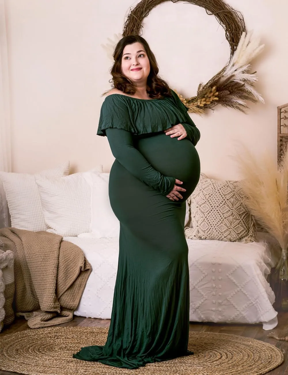 JustVH Maternity Fitted Elegant Gown Long Sleeve Off Shoulder Ruffles Maxi Photography Dress for Photoshoot