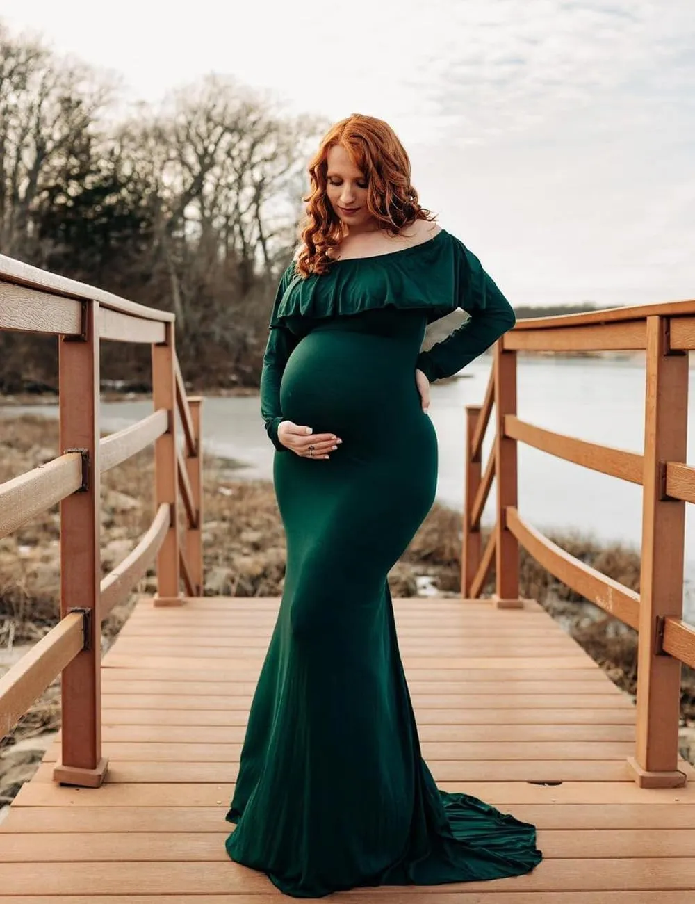 JustVH Maternity Fitted Elegant Gown Long Sleeve Off Shoulder Ruffles Maxi Photography Dress for Photoshoot