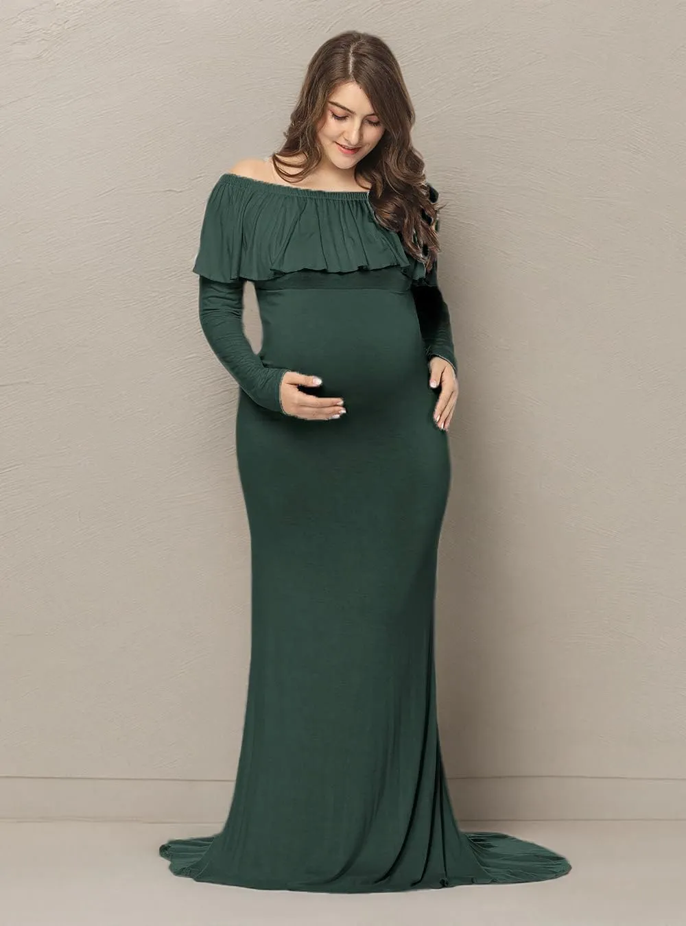 JustVH Maternity Fitted Elegant Gown Long Sleeve Off Shoulder Ruffles Maxi Photography Dress for Photoshoot