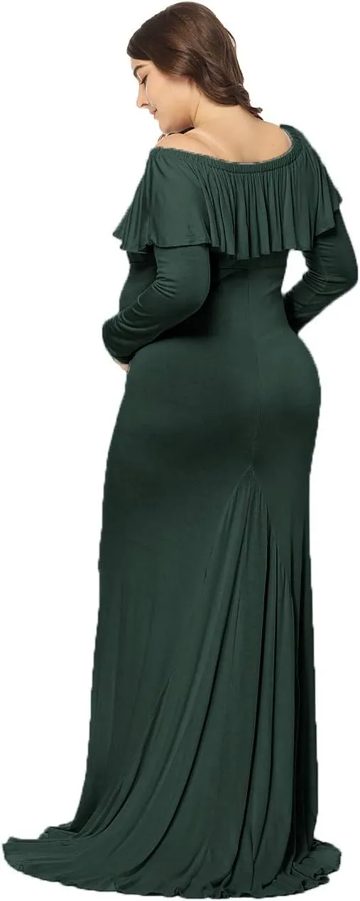 JustVH Maternity Fitted Elegant Gown Long Sleeve Off Shoulder Ruffles Maxi Photography Dress for Photoshoot