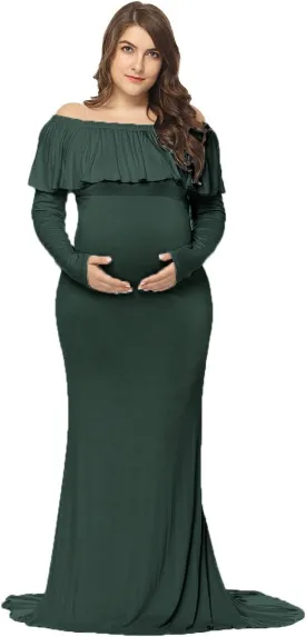 JustVH Maternity Fitted Elegant Gown Long Sleeve Off Shoulder Ruffles Maxi Photography Dress for Photoshoot