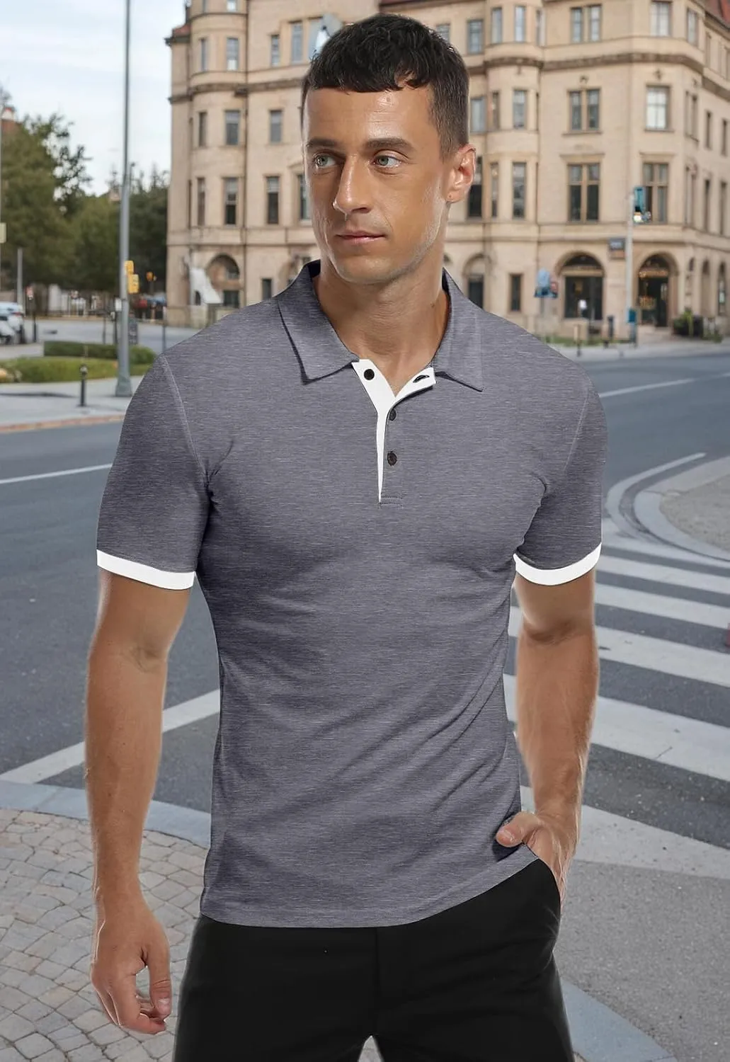 KUYIGO Men's Short Sleeve Polo Shirts Casual Slim Fit Basic Designed Cotton Shirt Tops