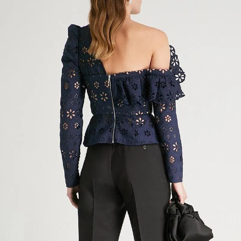 Lace Off Shoulder Hollow Out Asymmetrical Long Sleeve Blouse