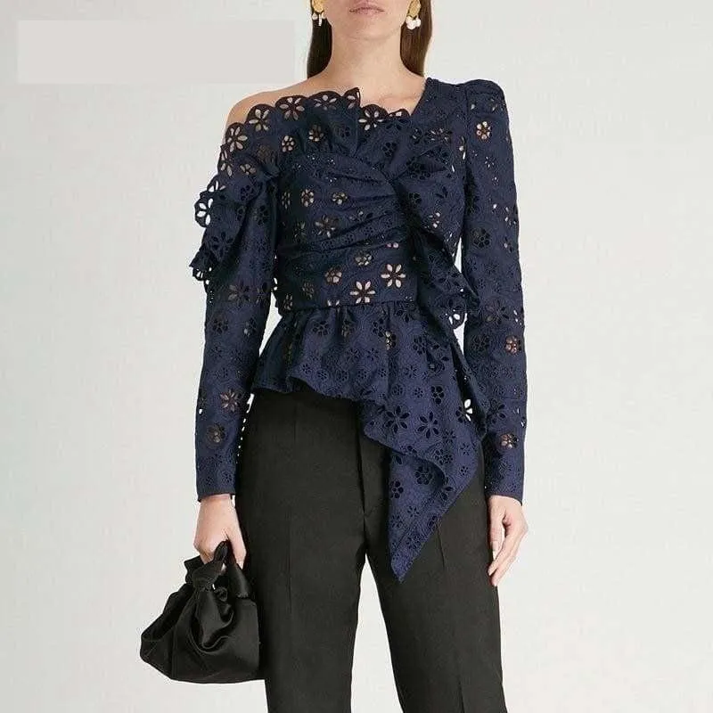 Lace Off Shoulder Hollow Out Asymmetrical Long Sleeve Blouse