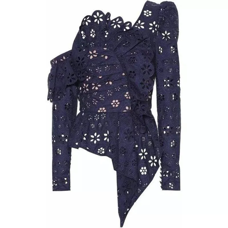 Lace Off Shoulder Hollow Out Asymmetrical Long Sleeve Blouse