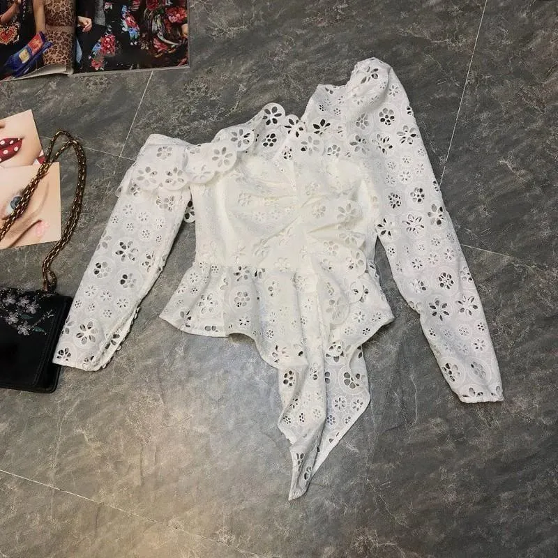 Lace Off Shoulder Hollow Out Asymmetrical Long Sleeve Blouse