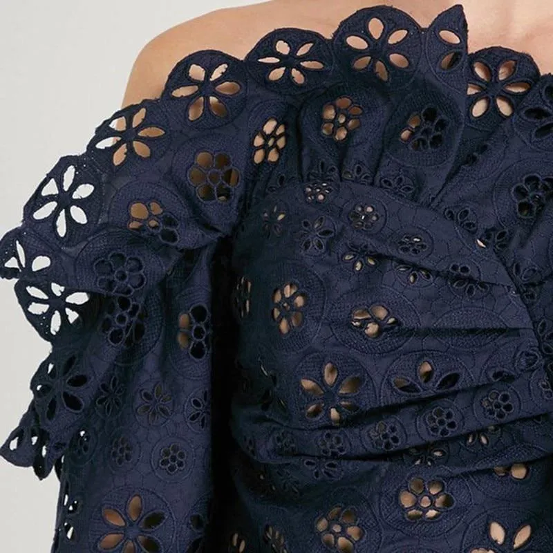 Lace Off Shoulder Hollow Out Asymmetrical Long Sleeve Blouse