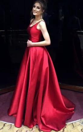 MACloth Scoop Neck Ball Gown Long Burgundy Prom Dress Satin Formal Evening Gown