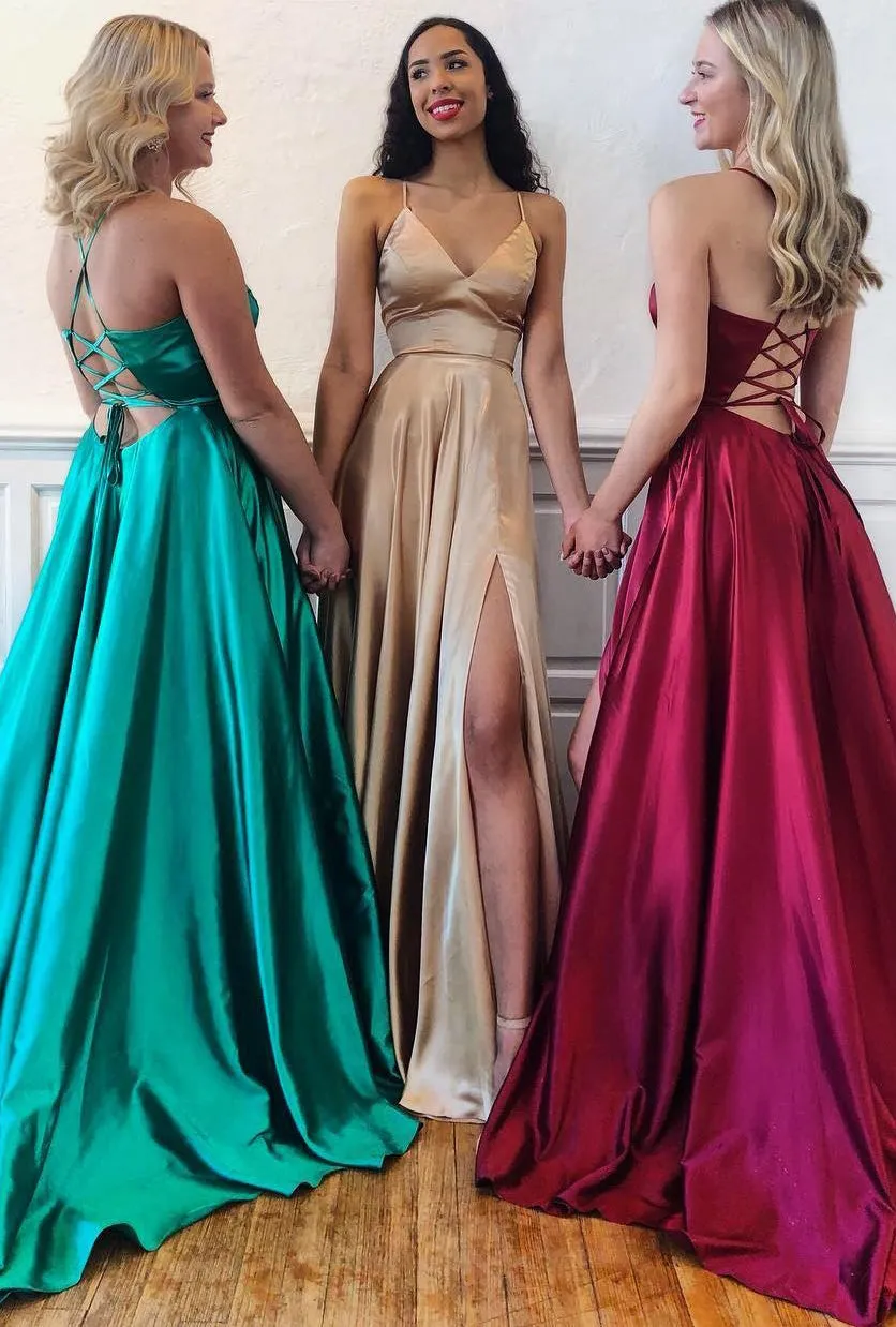 MACloth Straps V Neck Dusty Rose Long Prom Dress Satin Chiffon Formal Evening Gown
