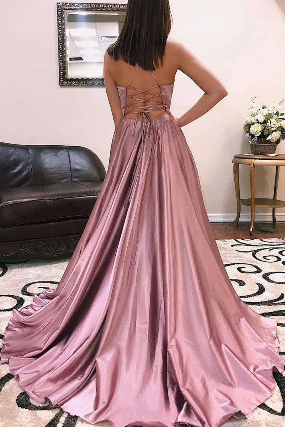MACloth Straps V Neck Dusty Rose Long Prom Dress Satin Chiffon Formal Evening Gown