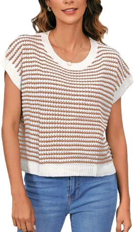 MakeMeChic Women's Striped Knit Vest Tops Short Sleeve Sweater Vest Tank Top