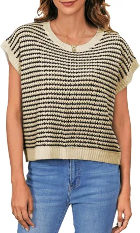 MakeMeChic Women's Striped Knit Vest Tops Short Sleeve Sweater Vest Tank Top