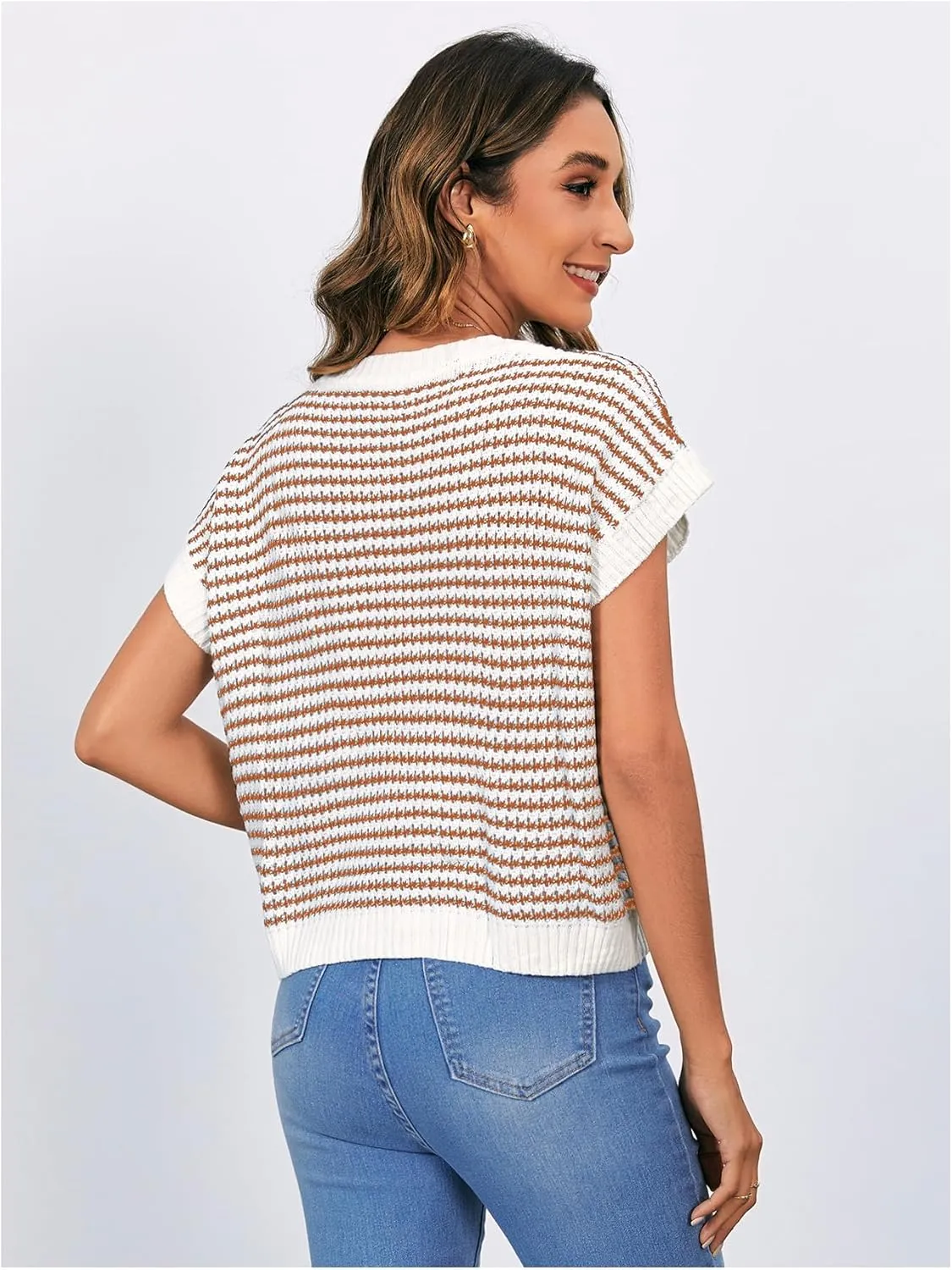 MakeMeChic Women's Striped Knit Vest Tops Short Sleeve Sweater Vest Tank Top