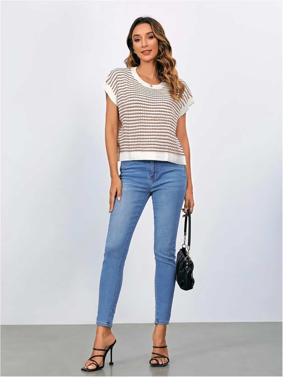 MakeMeChic Women's Striped Knit Vest Tops Short Sleeve Sweater Vest Tank Top