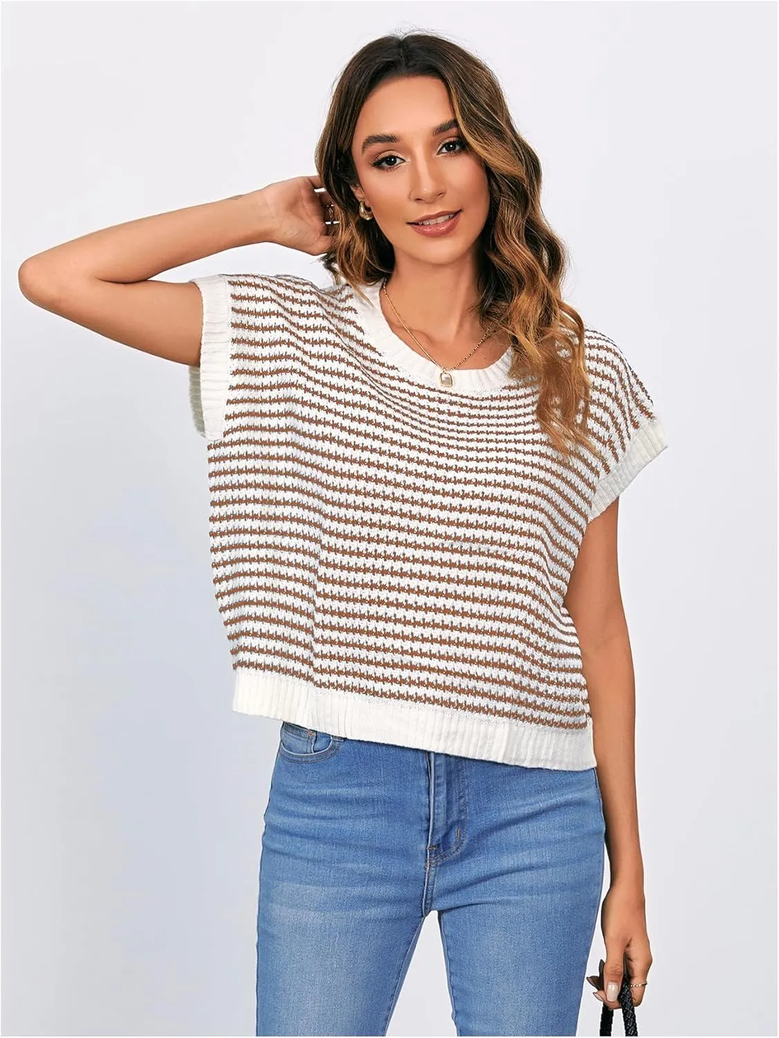 MakeMeChic Women's Striped Knit Vest Tops Short Sleeve Sweater Vest Tank Top