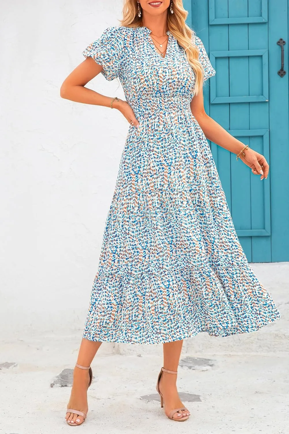 MASCOMODA Summer Maxi Dresses for Women 2025 Casual V Neck Puff Short Sleeve Smocked Flowy Beach Boho Long Floral Dress