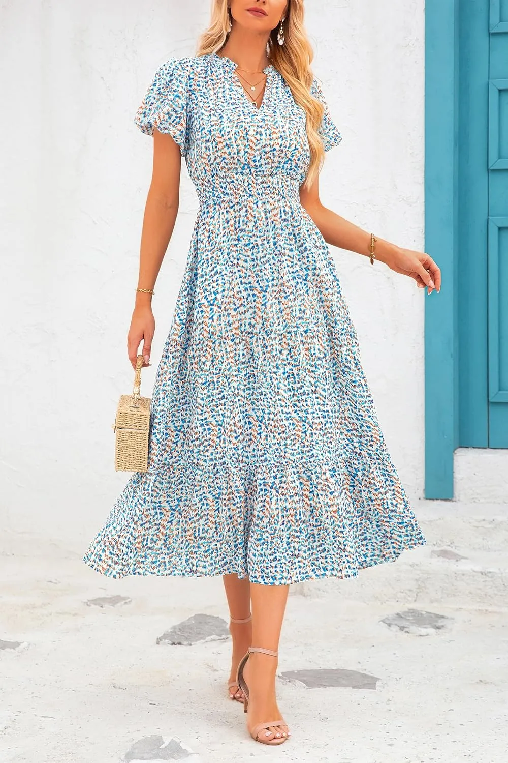 MASCOMODA Summer Maxi Dresses for Women 2025 Casual V Neck Puff Short Sleeve Smocked Flowy Beach Boho Long Floral Dress