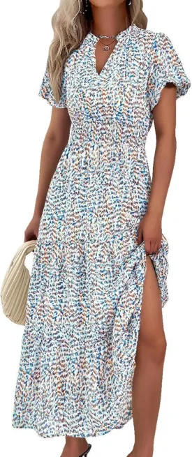 MASCOMODA Summer Maxi Dresses for Women 2025 Casual V Neck Puff Short Sleeve Smocked Flowy Beach Boho Long Floral Dress