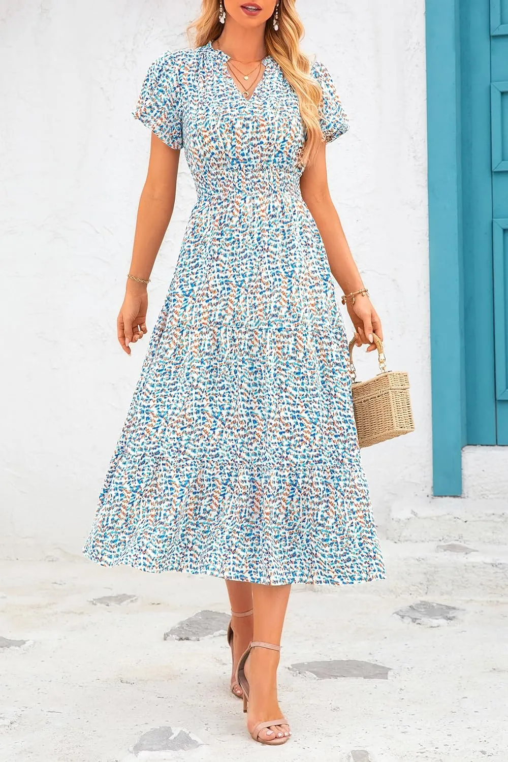 MASCOMODA Summer Maxi Dresses for Women 2025 Casual V Neck Puff Short Sleeve Smocked Flowy Beach Boho Long Floral Dress