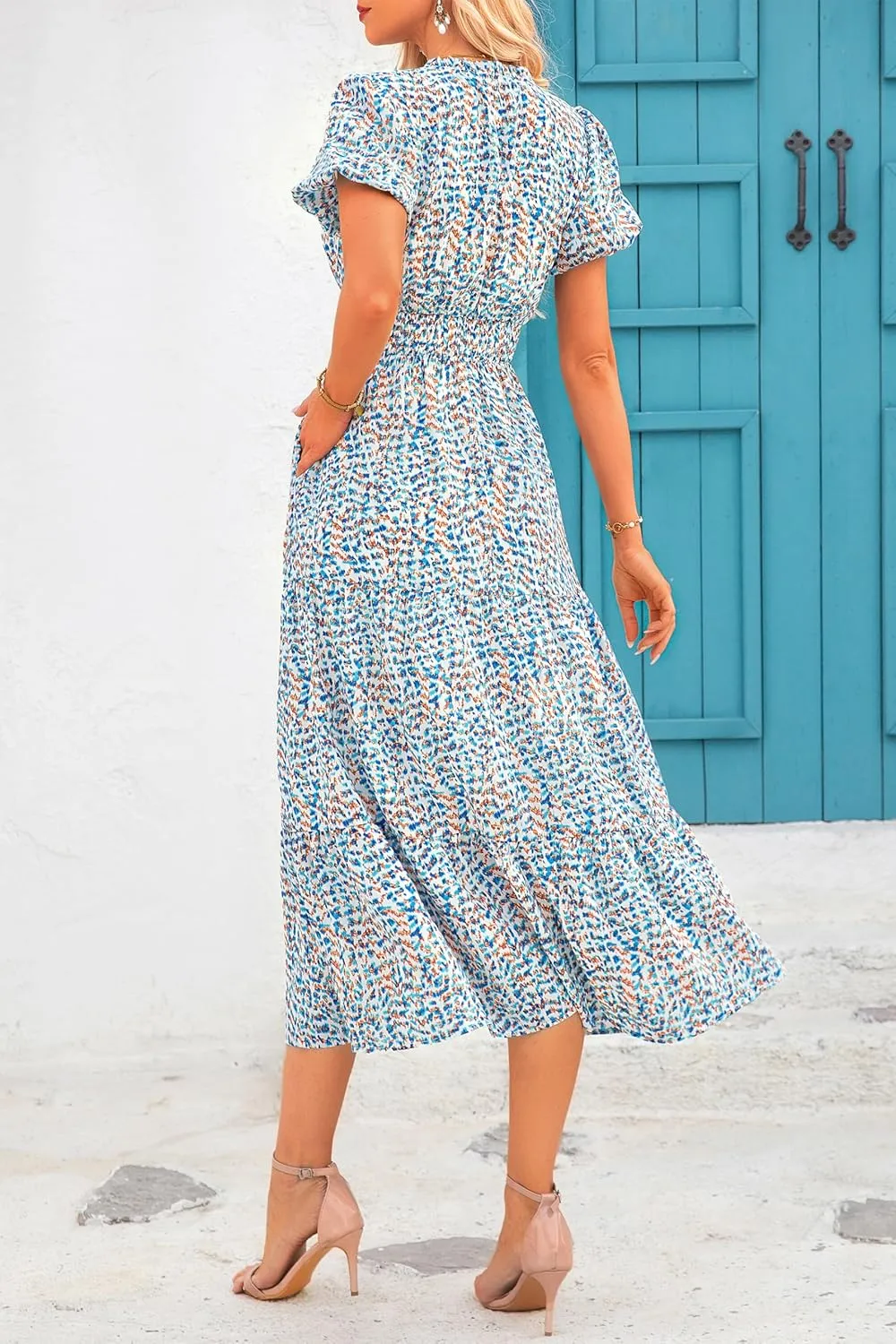 MASCOMODA Summer Maxi Dresses for Women 2025 Casual V Neck Puff Short Sleeve Smocked Flowy Beach Boho Long Floral Dress