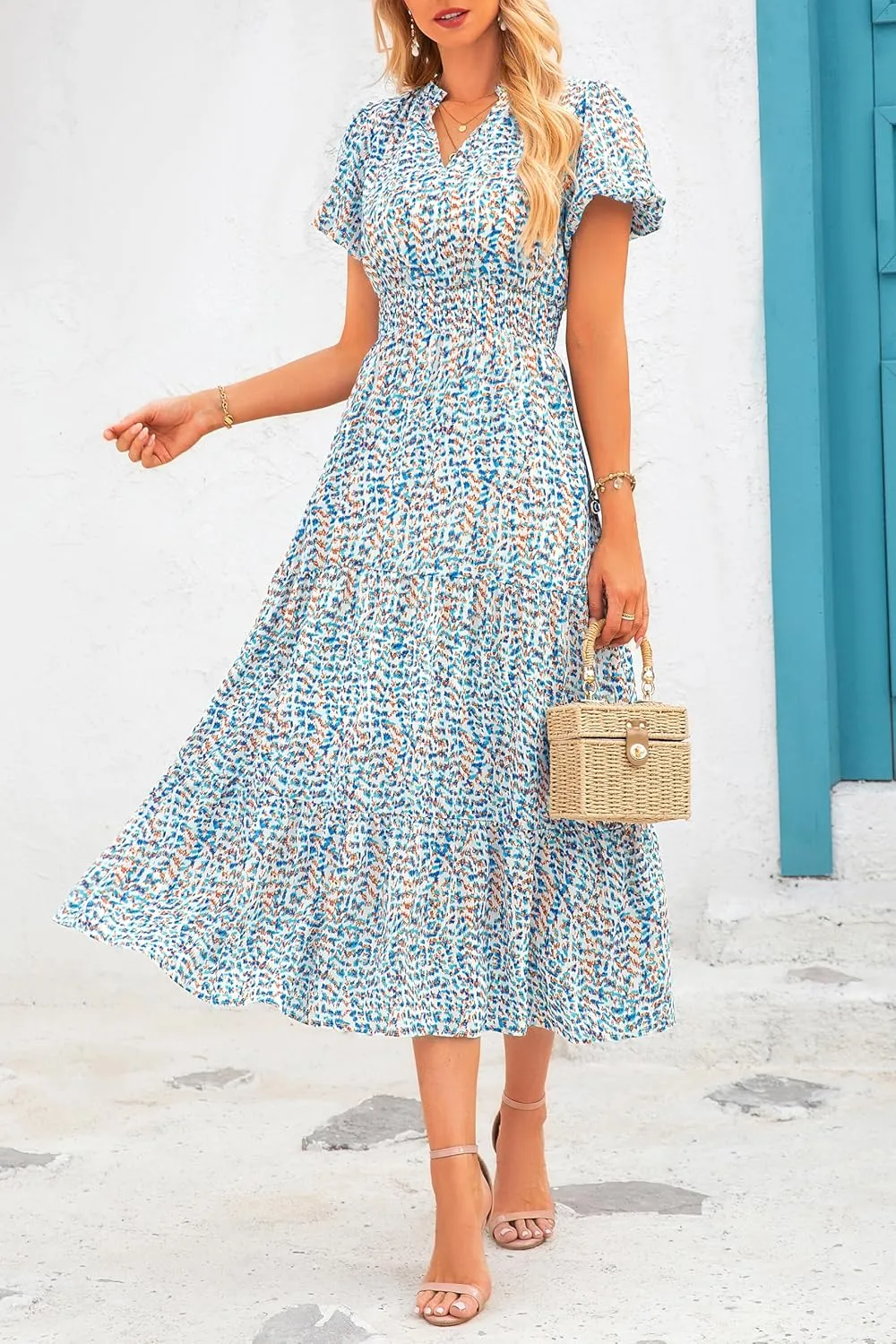 MASCOMODA Summer Maxi Dresses for Women 2025 Casual V Neck Puff Short Sleeve Smocked Flowy Beach Boho Long Floral Dress