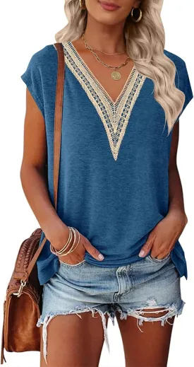 MEROKEETY Women's Casual Cap Sleeve Lace Trim V Neck Tops 2025 Summer Loose Tee Shirts Blouse