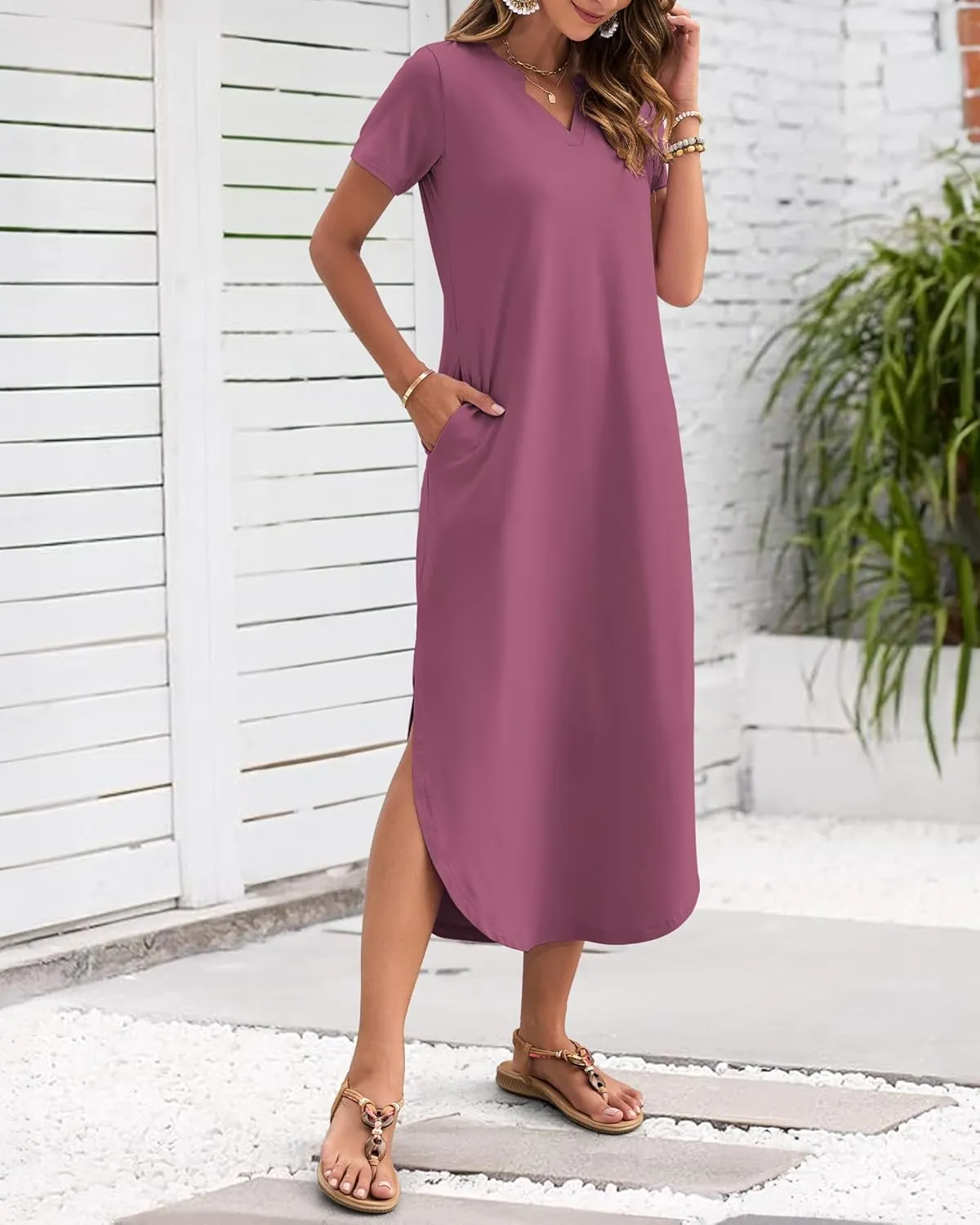 MISFAY Women's Summer Casual Maxi Dress 2025 Short Sleeves V Neck Loose Sundress Split Long Beach Shirt Dress Vacation Outfit