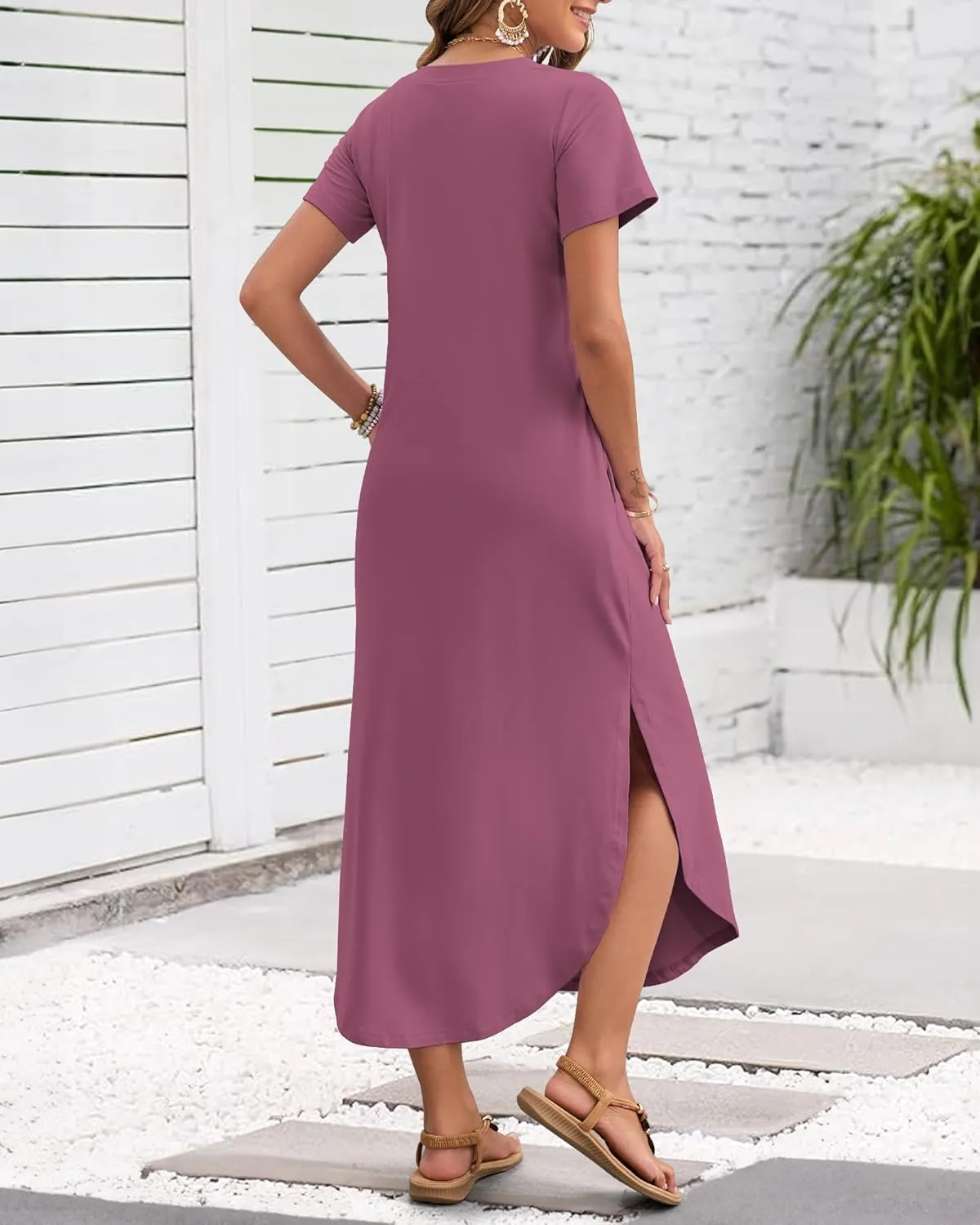 MISFAY Women's Summer Casual Maxi Dress 2025 Short Sleeves V Neck Loose Sundress Split Long Beach Shirt Dress Vacation Outfit
