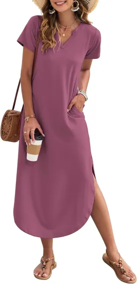 MISFAY Women's Summer Casual Maxi Dress 2025 Short Sleeves V Neck Loose Sundress Split Long Beach Shirt Dress Vacation Outfit
