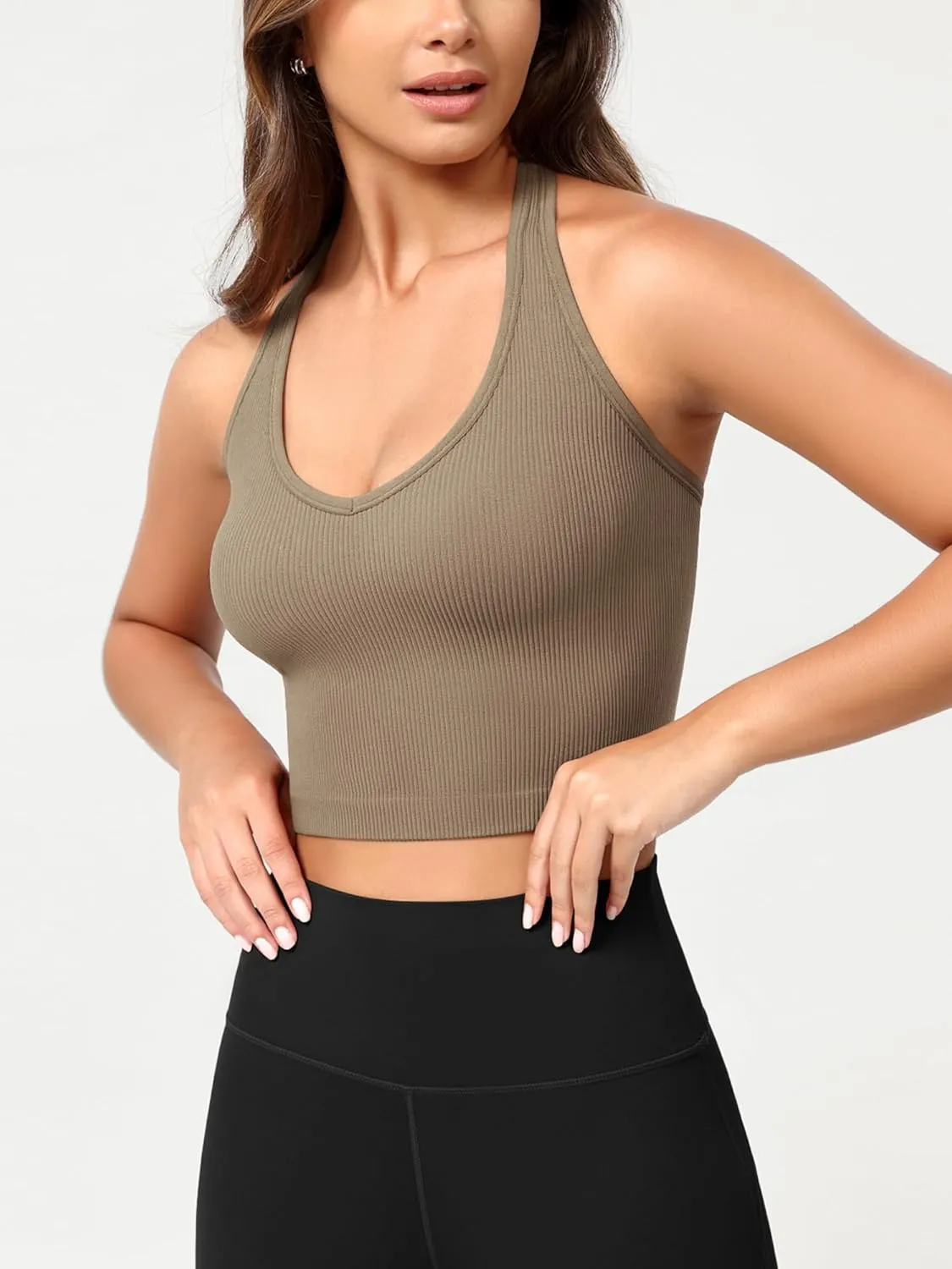 ODODOS Seamless Halter Crop Tops for Women Ribbed Soft V Neck Open Back Cropped Tank Top