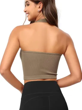 ODODOS Seamless Halter Crop Tops for Women Ribbed Soft V Neck Open Back Cropped Tank Top