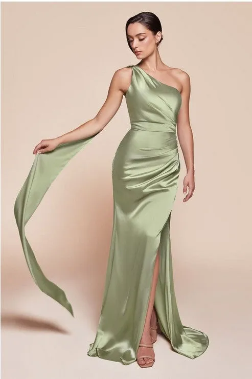One Shoulder Luxe Satin Burgundy Red Gown w/Sash