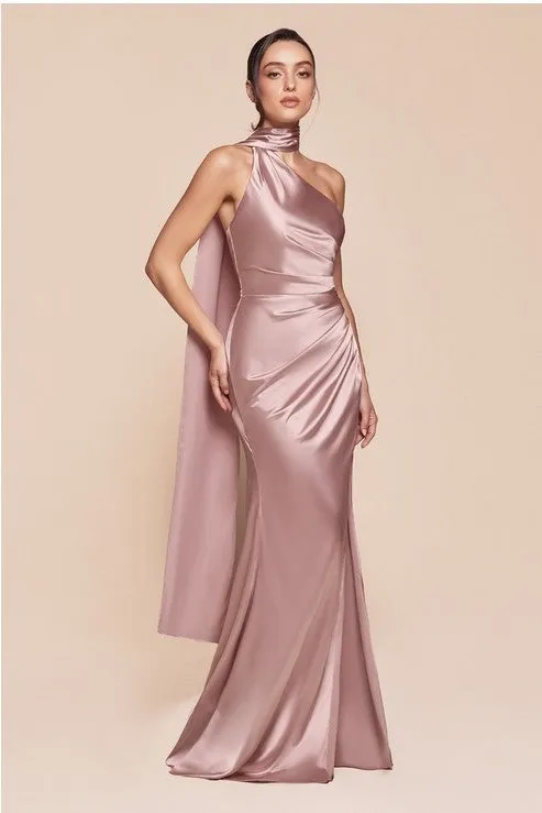 One Shoulder Luxe Satin Burgundy Red Gown w/Sash