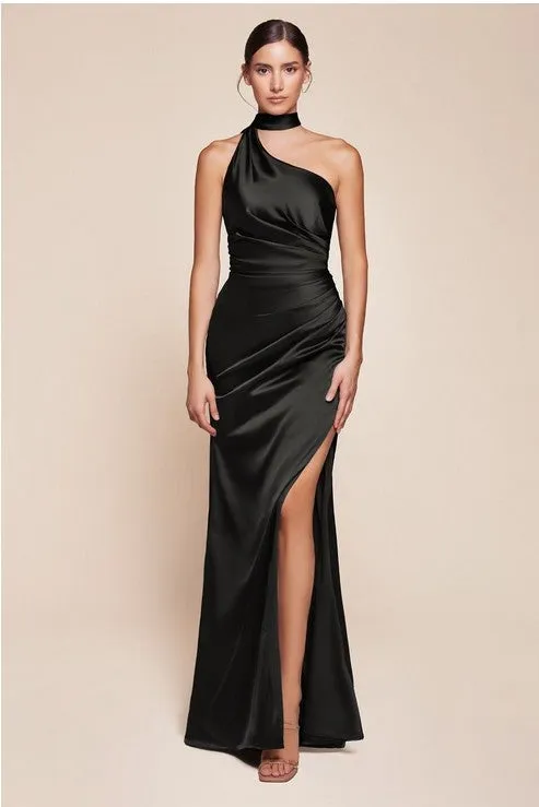 One Shoulder Luxe Satin Burgundy Red Gown w/Sash