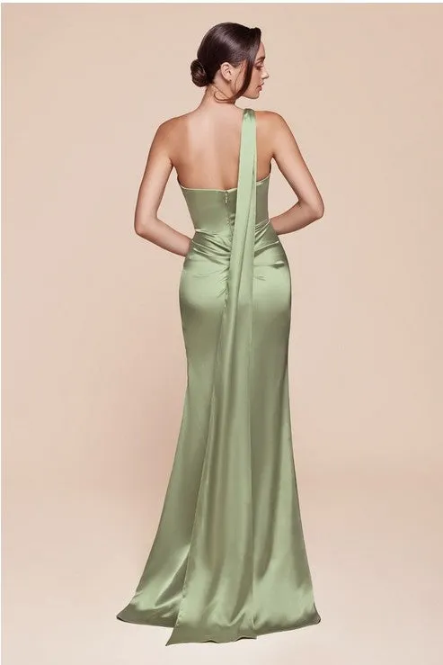 One Shoulder Luxe Satin Burgundy Red Gown w/Sash