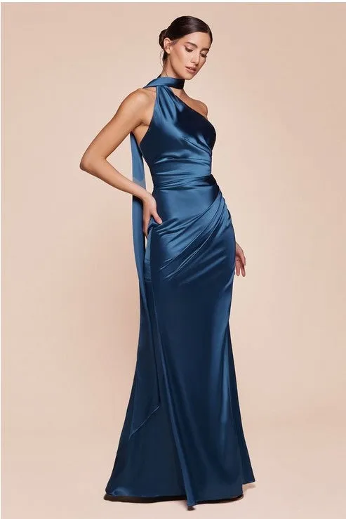 One Shoulder Luxe Satin Burgundy Red Gown w/Sash