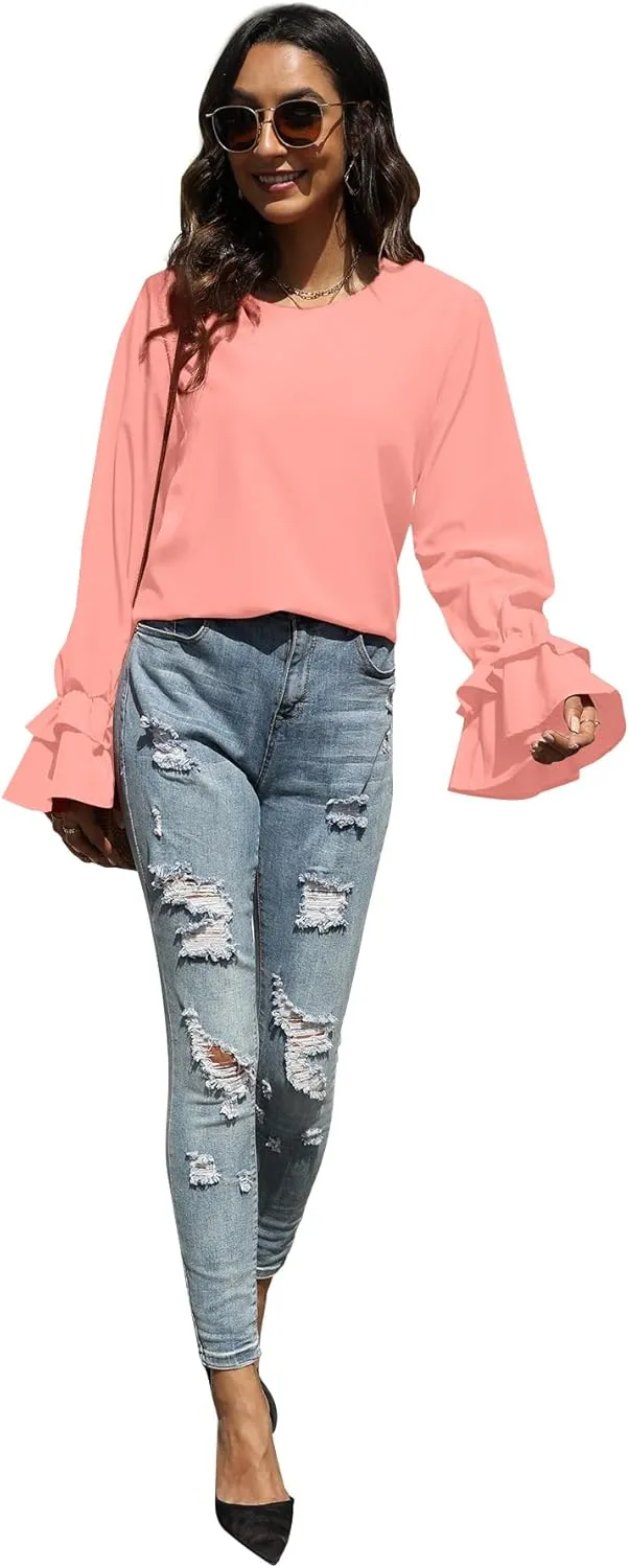 OPOIPIN Women's Casual Tiered Ruffle Bell Long Sleeve Round Neck Blouse Shirt Top