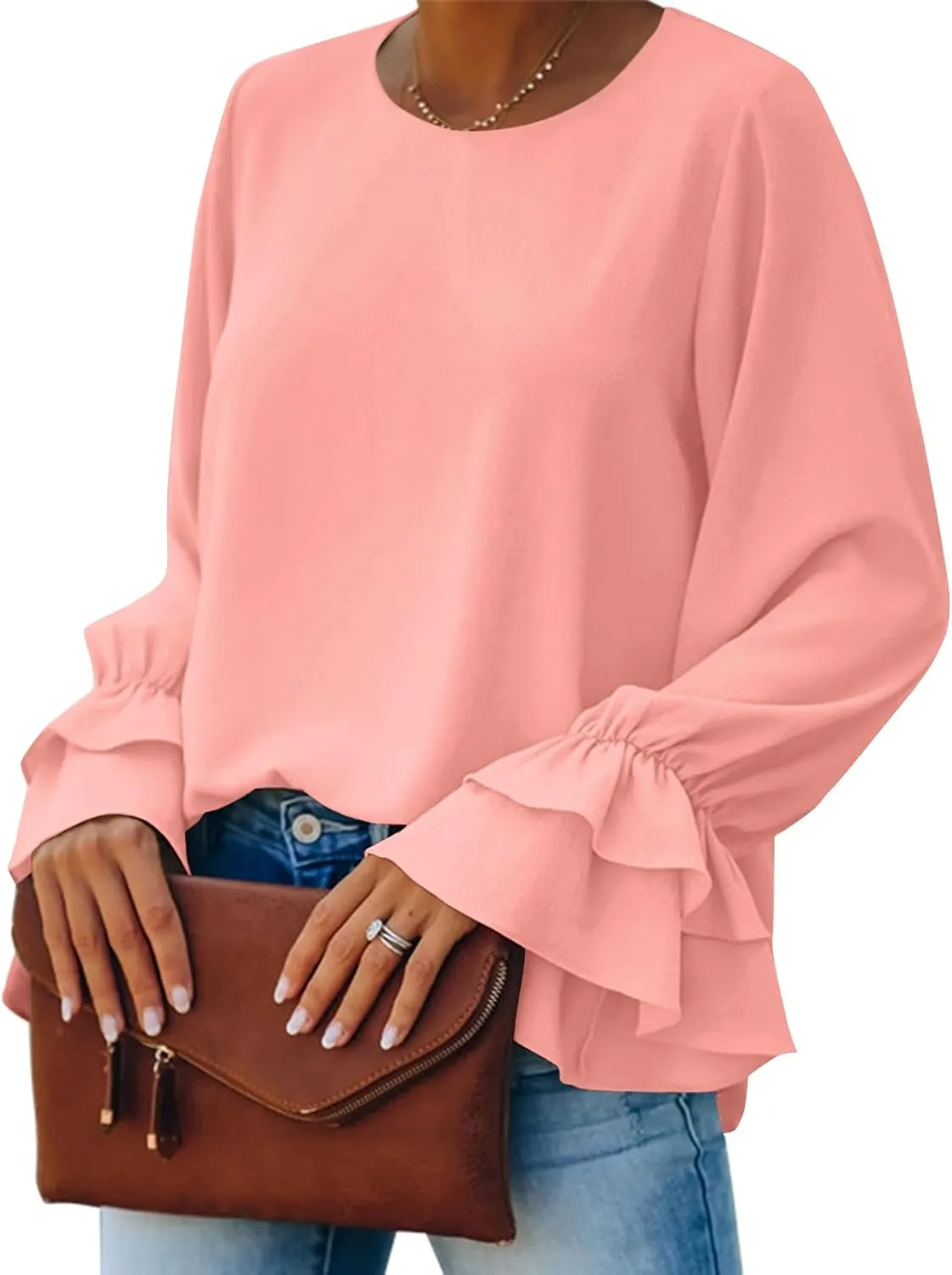 OPOIPIN Women's Casual Tiered Ruffle Bell Long Sleeve Round Neck Blouse Shirt Top